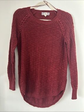 Pink Republic Burgundy Crewneck Sweater with Braided Shoulder Detail